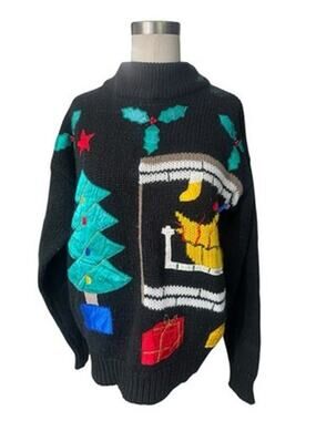 Vintage Spice of Life Ugly Christmas Sweater Black Tree Fireplace Appliqué Small